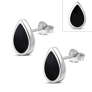 Black Onyx Pear Shaped Drop Silver Stud Earrings, e150